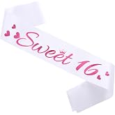 HUBEISIYU Sweet 16 Birthday Sash – Pink & White, Glitter Letters, Adjustable Satin Sash For Girls 16th Birthday Party