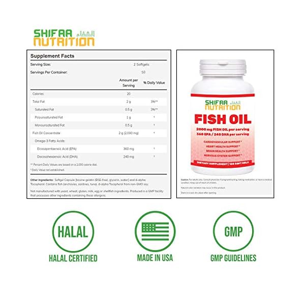 SHIFAA NUTRITION 2,000mg Halal Omega3 Wild Peruvian Fish Oil w/EPA