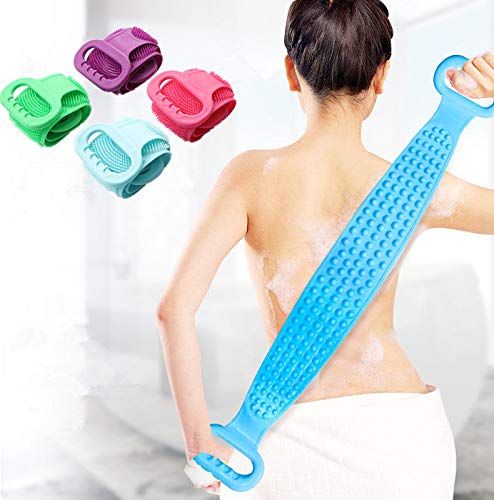 Silicone Bath Body Brush, Shower Brush Back Cleaning Bath Strap with Soft Brush Bristles and Massage Dots for Men and Women, Eco Friendly, Easy to Clean(Pink)