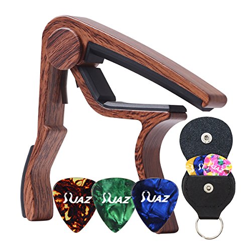 Guitar Picks Guitar Capo Acoustic Guitar Accessories Capo Key Clamp With Free 6 Pcs Guitar Picks and Black Leather Guitar Picks Holder (Wood Color)