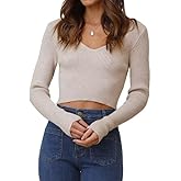 Ezbelle Knit Sweater V Neck Tops for Womens Crop Shirt Sexy Outfits Classy Work Office Fall Khaki L