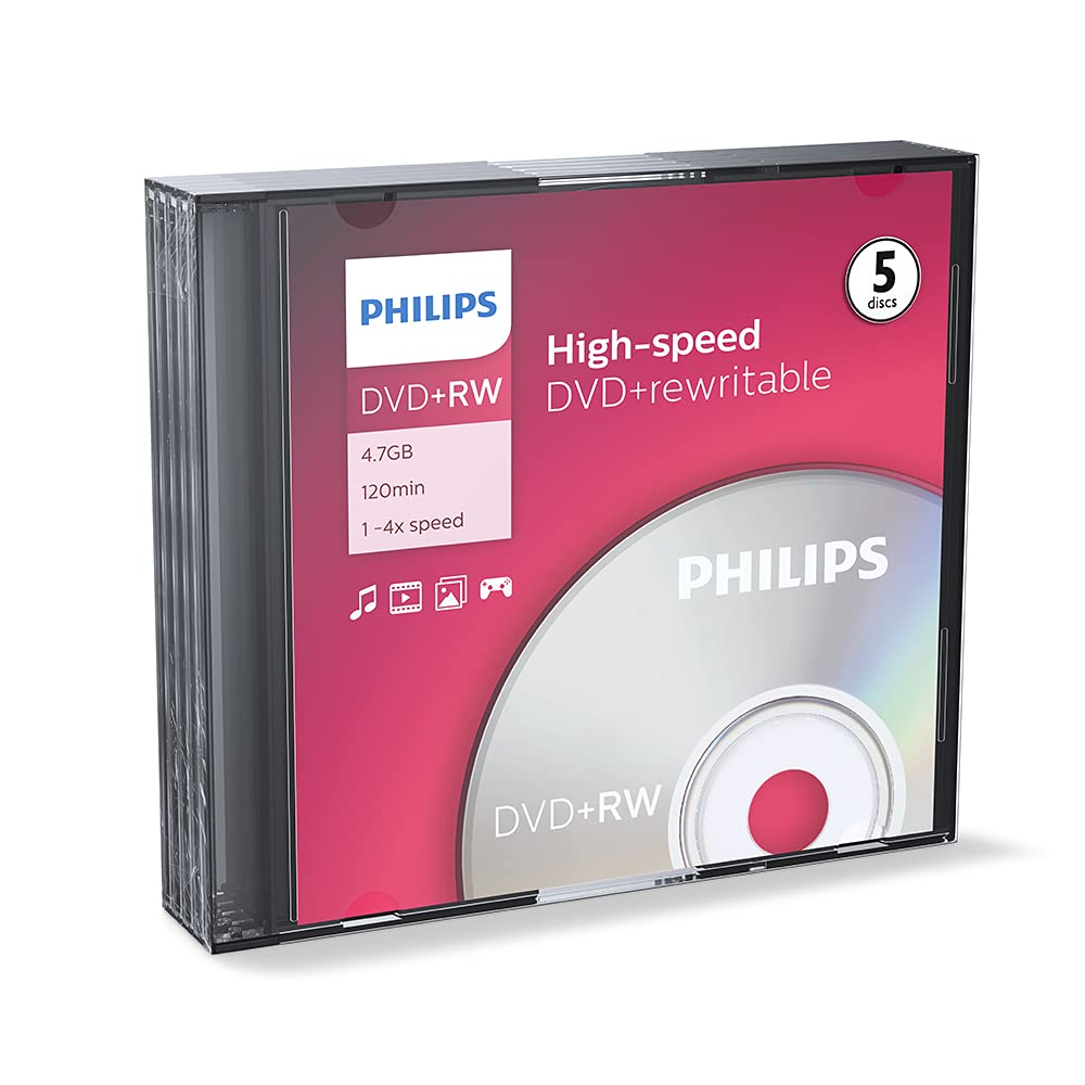 Philips DVD+RW Blank Discs 4.7 GB 4x Pack of 5 Slim Case