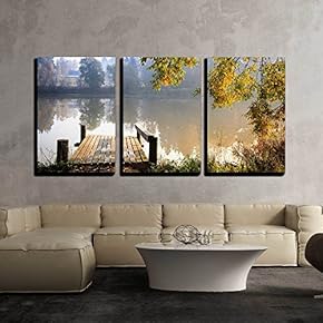 3 Piece Canvas Wall Art - Autumn Landscape with Mist on The Lake and a Pier Bathing on Sunshine - Modern Home Art Stretched and Framed Ready to Hang - 16"x24"x3 Panels
