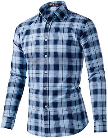 QIHUANG Mens Casual Slim Fit Long Sleeve Pocket Plaid Dress Shirt (Medium, Blue)