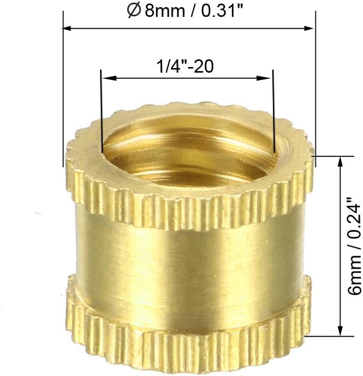 sourcing map knurled Insert Nuts - 10Pcs 1/4"-20 Female Thread Brass Threaded Insert Embedment Nut for 3D Printer - Image 3
