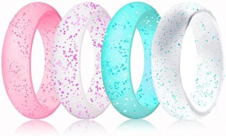 Phillppe Starck Silicone Ring Women - Premium Quality, Safety, Comfort - Ldeal for Gym, Pink with Glitter, Turquoise, White 5.7 mm wide 4 Pack