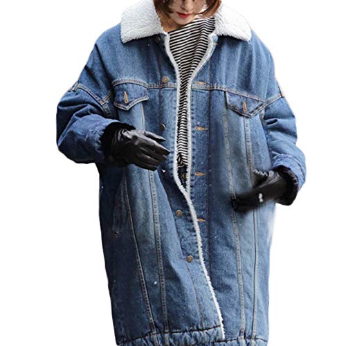 Sttech1 Women Winter Warm Velvet Denim Jacket Long Jean Coat Outwear Overcoat