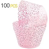 GOLF 100Pcs Cupcake Wrappers Artistic Bake Cake Paper Filigree Little Vine Lace Laser Cut Liner Baking Cup Wraps Muffin CaseTrays for Wedding Party Birthday Decoration (Pink)