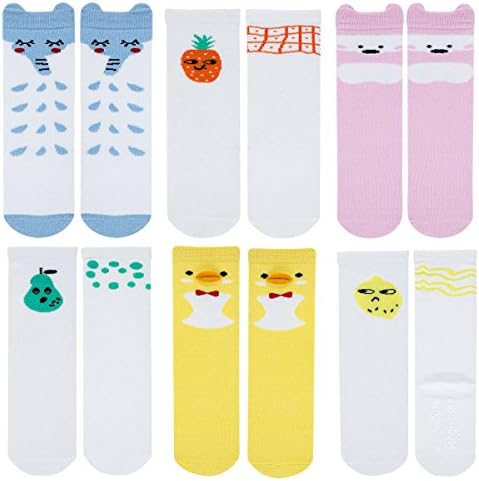 Baby Girls Boys Socks Cartoon Animal Knee High Cotton Socks with Non Skid Rubbers 6 Pairs (M, C chick fruit)