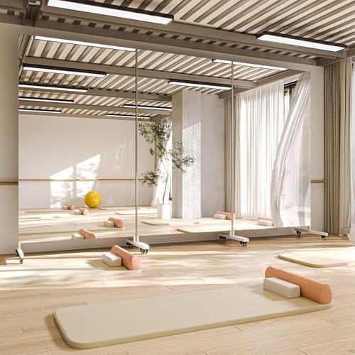 Hasipu Home Gym Mirror 360° Swivel on Wheels, 67" x 40" Extra Large Full Body Rolling Mirror, Tempered Glass Easy to Move Full Length Mirror for Yoga Studio, Bedroom, Dancing Studio, White