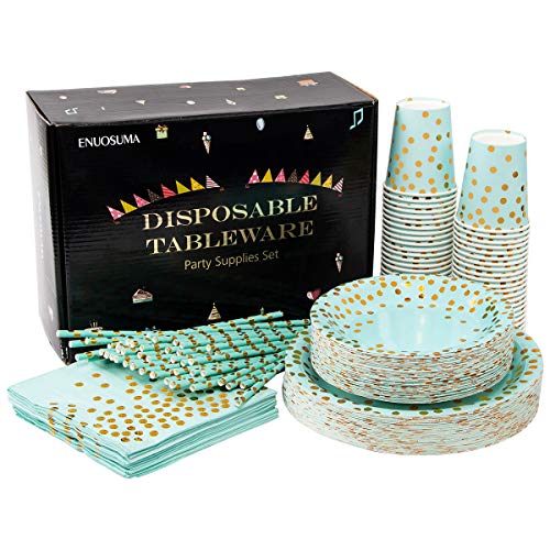 250PCS Paper Party Supplies - ENUOSUMA Disposable Paper Plates Tableware Set Include 50 Dinner Plates 50 Dessert Plates 50 Cups 50 Napkins 50 Straws For Party Wedding Birthday, Blue & Gold (Serves 50) - Thumbnail 6
