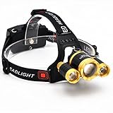 Camping Headlamps CREE 3 T6 5000 Lumen Zoomable Super Bright,Headlight Bicycle LED Flashlight,4 Modes,USB Rechargeable Batteries,Adjustable (Focus Zoom Lights, Golden)
