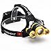 Camping Headlamps CREE 3 T6 5000 Lumen Zoomable Super Bright,Headlight Bicycle LED Flashlight,4 Modes,USB Rechargeable Batteries,Adjustable (Focus Zoom Lights, Golden)