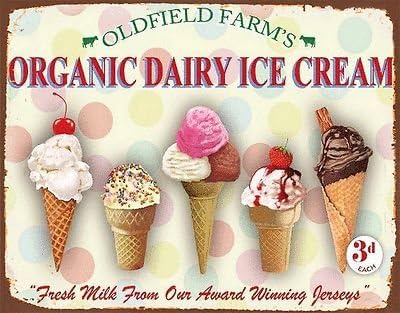 Organic Dairy Ice Cream Cones. Strawberry, Vanilia, Chocolate, flake, sundae. Food, Old, retro, vintage advertising for kitchen, home, cafe, coffee shop, restaurant, metal dangler