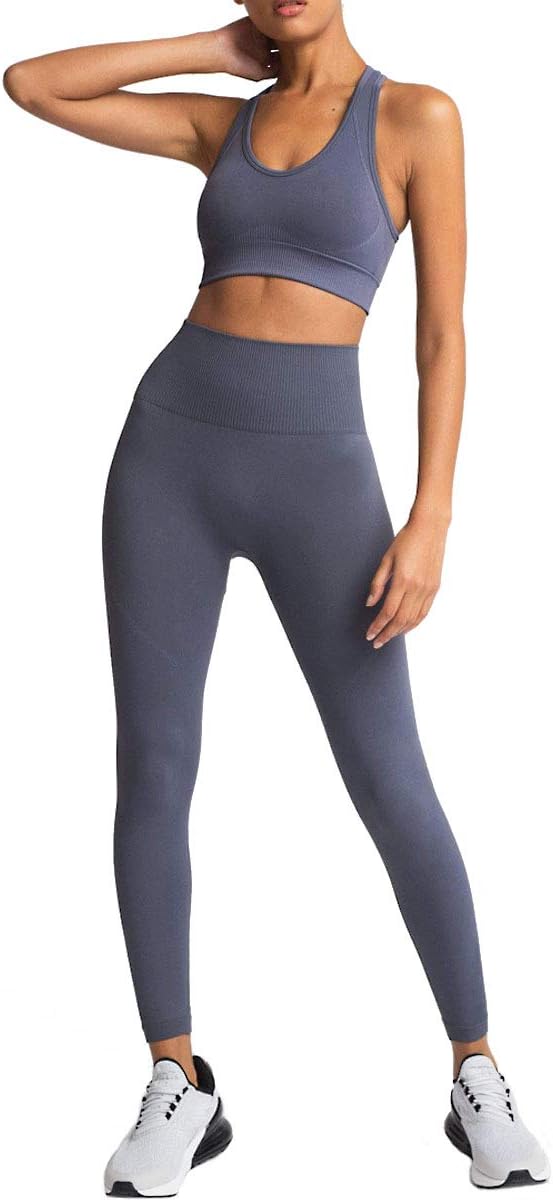 Womens Sportswear Set High Waist Gym Leggings & Sports Bra Stretch-Fit Yoga Activewear Set, 2 Pieces Set Soild Color Hip-Lifting Sports Fitness Running Vest Yoga Suit for Lady (Dark Gray, S)