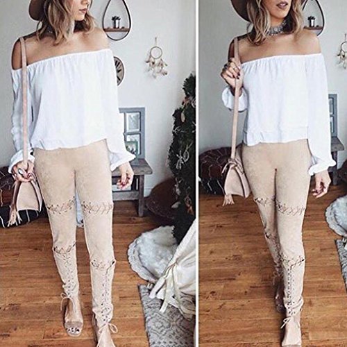 Highpot Stylish Wild Women Lace-up Style Hollow Artificial Suede Leather Pants (M, Khaki)