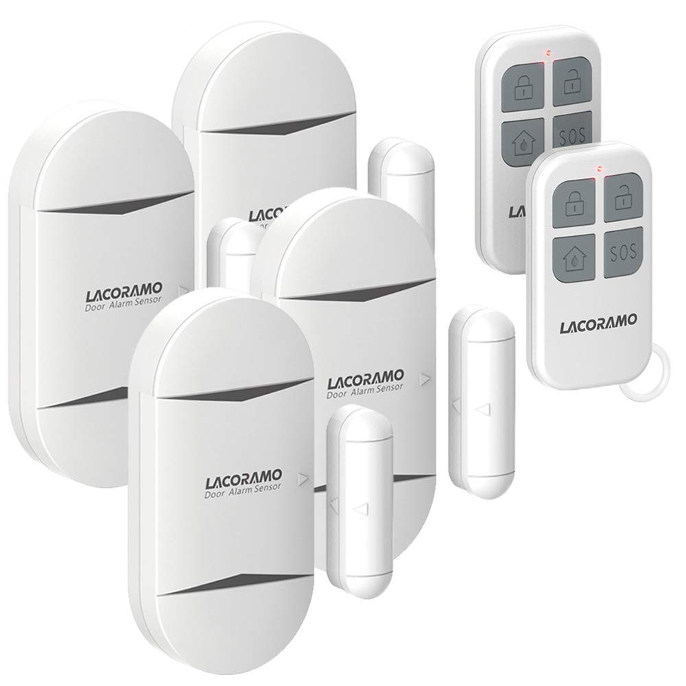LACORAMO Door Alarm Sensor, Wireless Magnetically Triggered Window Alarm, 130 db Siren Security Burglar Alert with 2 Remote for Protecting Kids Safety, Home, Shop (4 door alarms and 2 remotes)