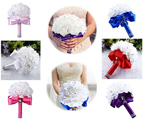 Wedding Bouquet, Silk Rose Wedding Bride Bouquet,Crystal Pearl Silk Peony Bridesmaid Hand Bouquet Artificial Fake Flowers for Wedding Party Church Home Garden Balcony Floral Decoration (Hot Pink)