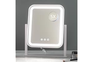 HIEEY Vanity Mirror with Lights, Makeup Mirror with Lights, Three Color Lighting Modes, and 5X Magnification Mirror, Smart Touch Control, 360°Rotation (14.1" x 12" White,Gift Box)