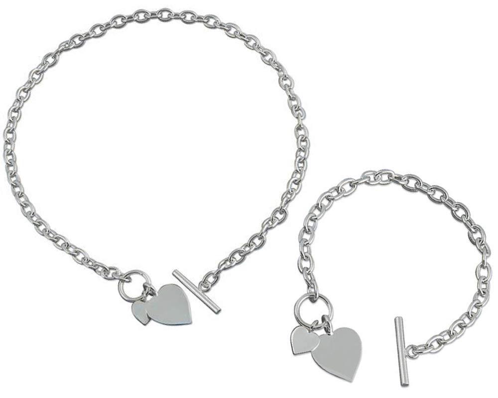 Strictly Gifts Sterling Silver Necklace and Bracelet Set with Double Heart Tag with Bar and Ring (Toggle) Fastening