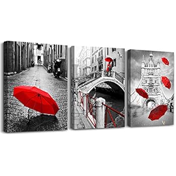 AHUAART Wall Art for Living Room Bathroom Decorations Bedroom Wall decor 3 Piece Framed Artwork modern Canvas Print Office Home Decoration Black and white landscape building red umbrella wall painting