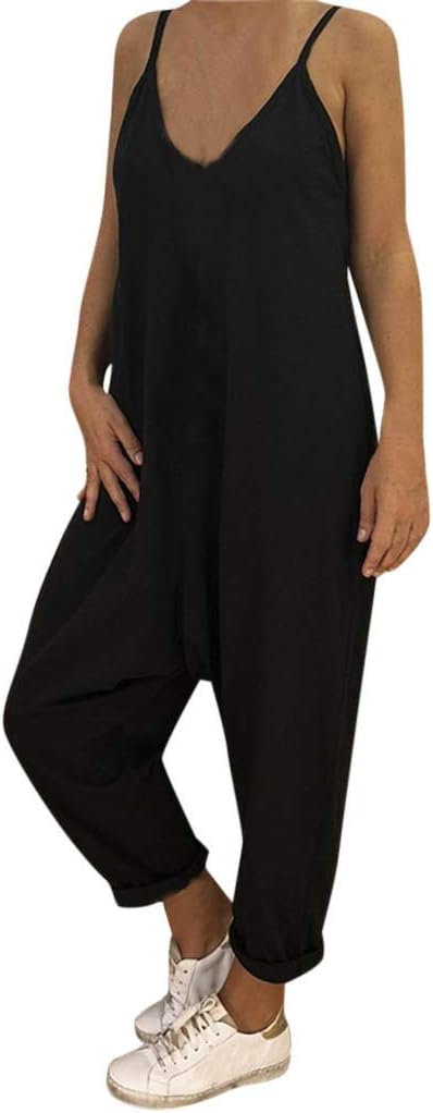 Women Harem Jumpsuits, Spaghetti Strap Jumpsuit V-Neck Baggy One Piece Rompers Backless Loose Long Playsuits