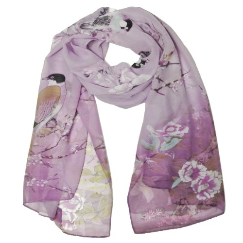 Wrapables Floral Bird Print Polyester and Silk Oblong Scarf, Wisteria