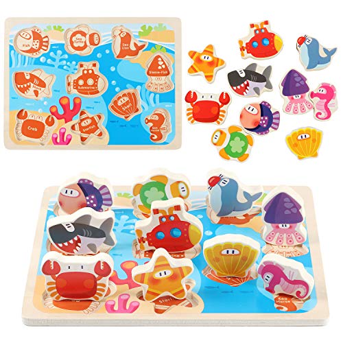Lewo Wooden Chunky Puzzle Farm and Fish Puzzle Board Preschool Learning Educational Toys for Toddlers (Pack of 2)