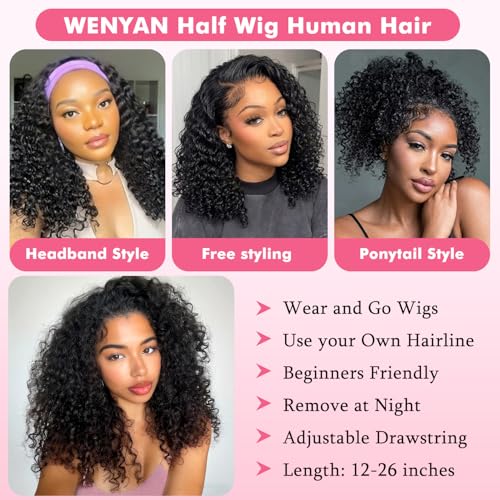 Half Wig Human Hair Deep Wave Demi Perruque sans Colle 180% Densité Perruque Cheveux Humain Perruque Bandeau Bouclée 3 In 1 Seamless Drawstring Headband Wig Couleur Naturelle (16 Pouces)