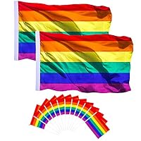 SVNA Gay Pride Banner Flags LGBT Rainbow Flag 2 Pack 3 x 5 Foot Flag with 10 Pack 8.3 x 5.5 Inch Bright Color UV Fade Resistant and Canvas Header (Rainbow Flag)