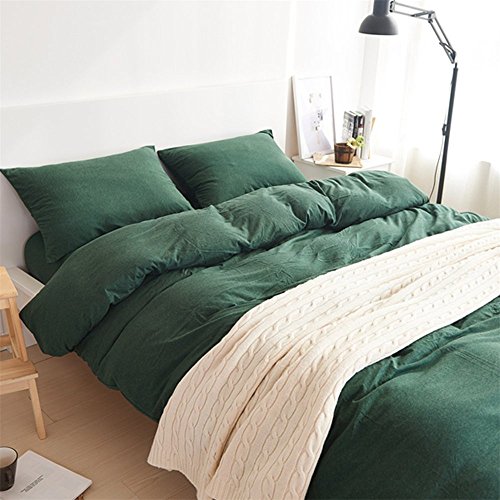 YAMFEI Luxury Jersey Cotton Solid Emerald Green Duvet Cover Set Queen