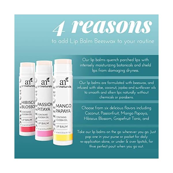 ArtNaturals-Natural-Lip-Balm-Beeswax-6-x-15-Oz-425g-Gift-Set-of-Assorted-Flavors-Chapstick-for-Dry-Chapped-Cracked-lips-Lip-Repair-Therapy-with-Aloe-Vera-Coconut-Castor-Jojoba-Oil Artnaturals Natural Lip Balm Beeswax - Gift Set of Assorted Flavors - Chapstick for Dry, Chapped & Cracked lips - Lip…