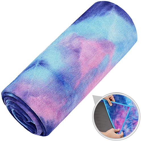 Ewedoos Yoga Towel with Anchor Fit Corners, 100% Microfiber Non Slip Yoga Towel, Super Soft, Sweat Absorbent, Ideal for Hot Yoga, Pilates and Workout (Bluepink)