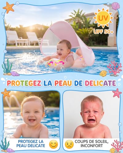 Baby Swim Ring with Removable Canopy UPF 50+, Adjustable Baby Float, Inflatable Swimming Pool, Safety Seat, Sun Protection, Waterproof, Anti-Turn, Non-Toxic, 3-36 Months