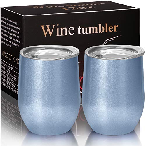 MASCOTKING Wine Glasses Tumbler - 12 oz 2 Pack - Double Wall Vacuum Insulated Cup with Lids for Keeping Wine, Coffee, Drinks - Beverage Warm in Winter - Christmas Present