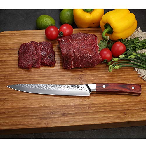 Carving Knife 8 Inch, PAUDIN Narrow Chef Knife of Slicing Sashimi, Meat, Sharp Kitchen Knife, 7Cr HC German Stainless Steel with Hammered Pattern