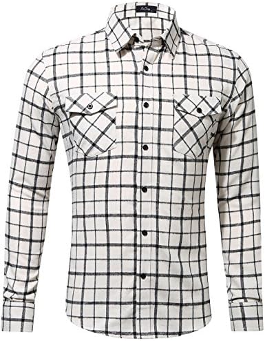 XI PENG Men's Dress Long Sleeve Flannel Shirt Thermal Plaid Checkered Jacket (Beige, Large)
