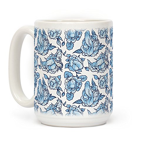 LookHUMAN Floral Penis Blue White 15 Ounce Ceramic Coffee Mug