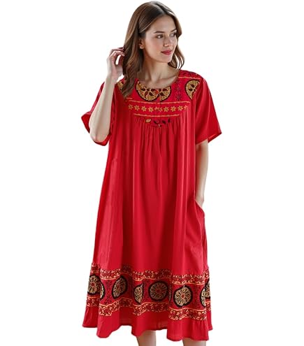 Loungees Women's 100% Cotton Lounge Dress – Navy House Dress & Casual Caftan, Short Sleeve Relaxed Fit with Pockets (US, Alpha, Medium, Regular, Regular) at Amazon Women's Clothing store