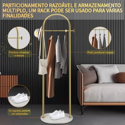 Rack Vertical de Casaco, Arara de Roupas, Cabideiro de Chão, Arara Cabideiro, com Base de Mármore, Prateleiras de Roupas com Prateleiras, 168 x 40cm, Dourado