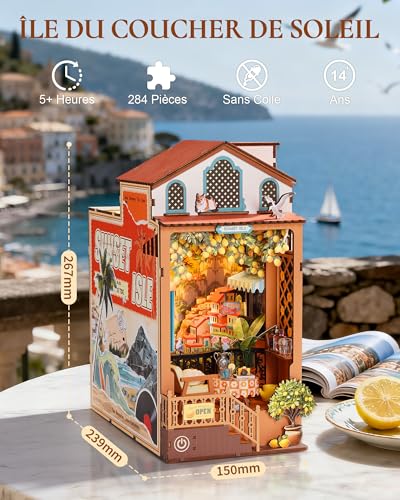 Rolife Book Nook DIY Wooden Model Adult with Lights Sunset Island 3D Puzzle Miniature House Building Bookends Diorama Decoration Book Library Living Room