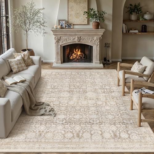 PureCozy 8x10 Beige Washable Neutral Area Rugs Living Room décor Floral Distressed Large Throw Rug Non Slip Stain Resistant Rugs Low Pile Soft Carpet Dining Room Bedroom Office Farmhouse Playroom