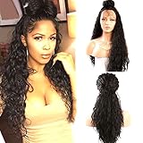 Helene Glueless Lace Front Wigs Long Curly Natural Wave Realistic Looking Synthetic Lace Front Wig Natural Hairline Heat Resistant Fiber Wig for Women with Baby Hair (24 Inch Black Color)