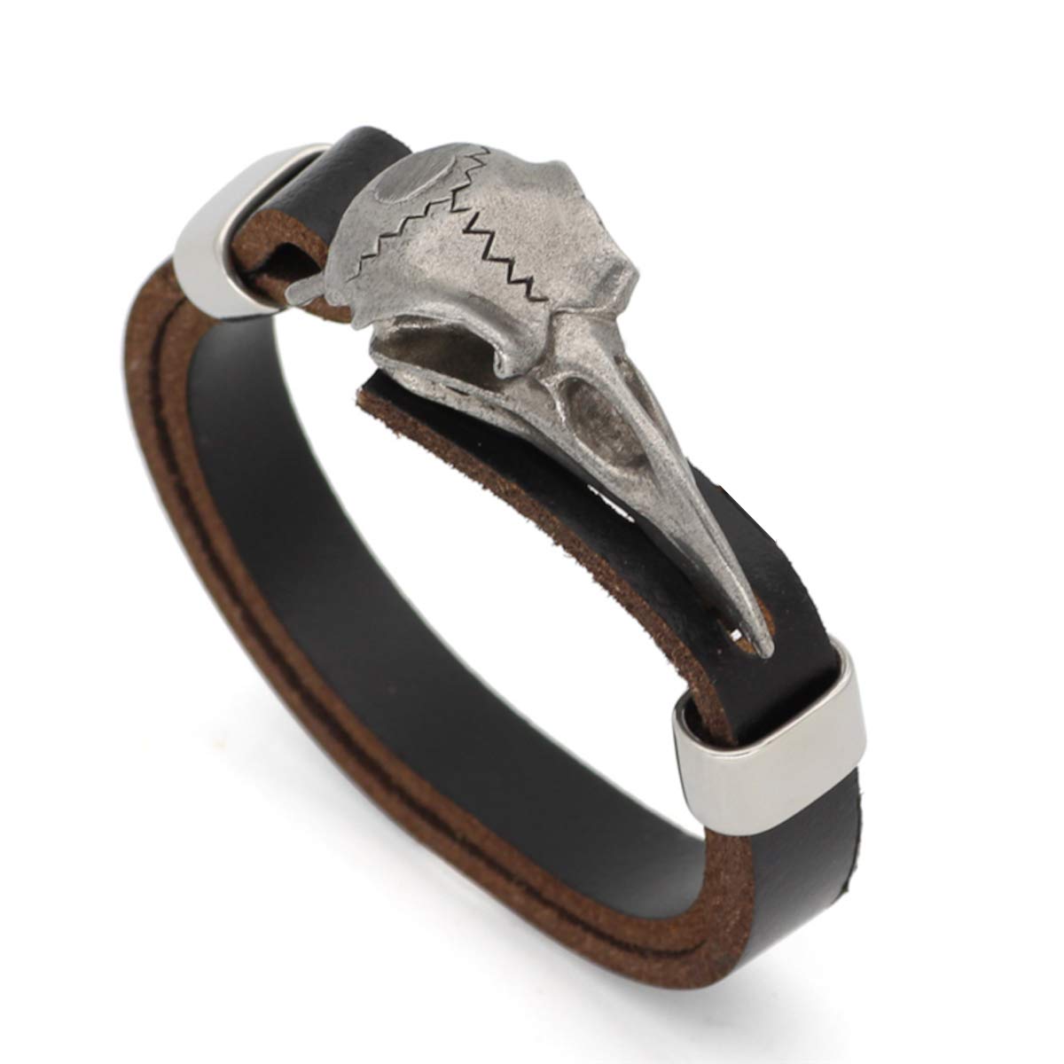 ESTUYOYA - Raven Skull Bracelet in Genuine Leather and Stainless Steel Genuine Bracelet Nordic Style Vikings Odin Mythological Animal Amulet Good Luck