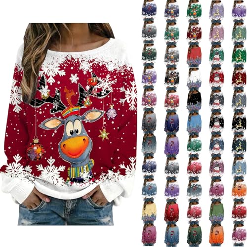 Christmas Jumpers for Women UK Funny Snowman Reindeer Printed Sweatshirt Ribbed Knit Christmas Tops Long Sleeve Crewneck Novelty Xmas Jumpers Cute Sweaters Oversized Pullover S-3XL (Red, M)