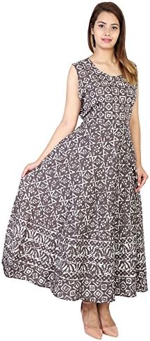 Negen Cotton Batik Style Kashish Grey Long Maxi Dress for Women