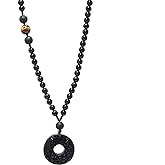 Onesmek Triple Protection Black Obsidian Necklace - Pixiu Amulet Tiger Eye Lava Rock Beaded Necklace, Spiritual Energy Stone Pendant Necklace for Men Women
