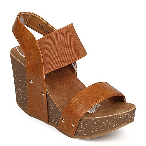 Women's Wedge Platform Sandal Elastic Ankle Strap High Heel Cork Slip On Casual Summer Shoes Tan 8