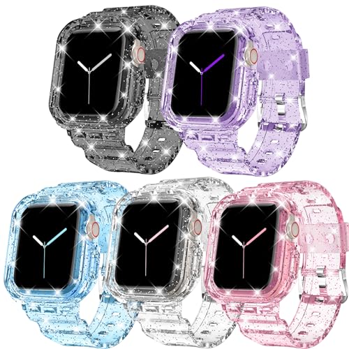 DABAOZA 5 Packs Compatible for Clear Apple Watch Band 45mm 44mm 42mm, Jelly Crystal Women Men TPU Strap for iWatch Series 10 9 8 7 6 / SE 5 4 3 2 1 Ultra (45/44/42, Glitter Series)