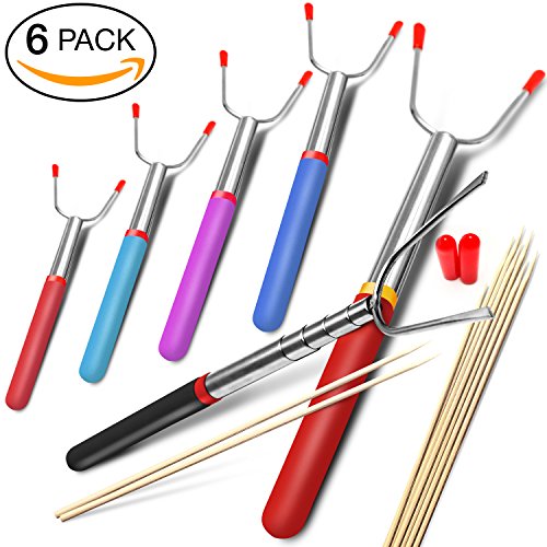 Premium Marshmallow Roasting Sticks, (Set of 6) Forks for Campfire, with BONUS 10 Bamboo Skewers, BBQ & Hot Dog Roasting, 34” Telescoping, Carry Case, E-BOOK for S’mores Skewers lovers, Safe For Kids.